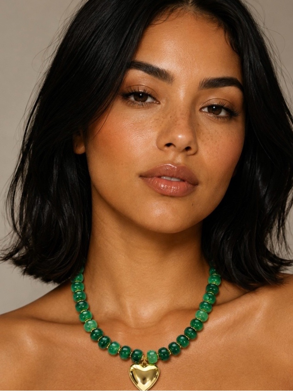 Green Beaded Heart Pendant Necklace - Gold Accent